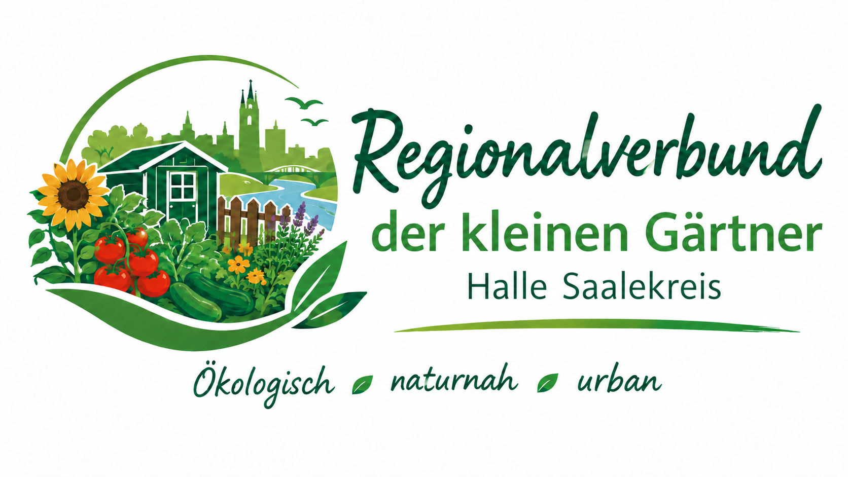 Logo: Regionalverbund der kleinen Gärtner Halle Saalekreis – Ökologisch, naturnah, urban; Gartenlaube, Gemüse und Saale